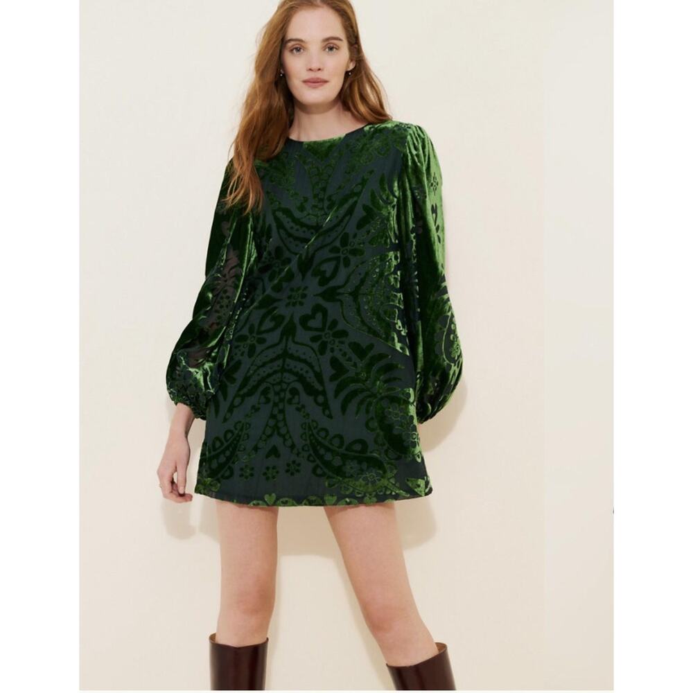 Farm Rio For Anthropologie Dress Womens Medium Green Velvet Floral Sheer Mini